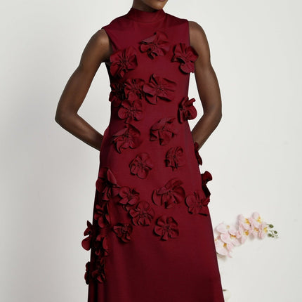Elisa Red Maxi Dress with Faux-Flower Embellishment and Bow-Tie Design