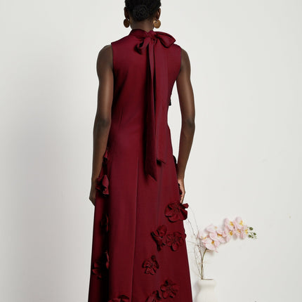 Elisa Red Maxi Dress Faux-Flower Embellishment Neck Bow-Tie Design Flounce Hem Side Pockets 50% Cotton 45% Terylene 5% Spandex Comfort Style Timeless Beauty