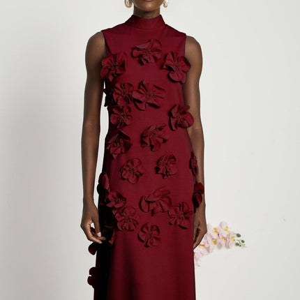Elisa Red Maxi Dress with Faux-Flower Embellishment and Neck Bow-Tie Design