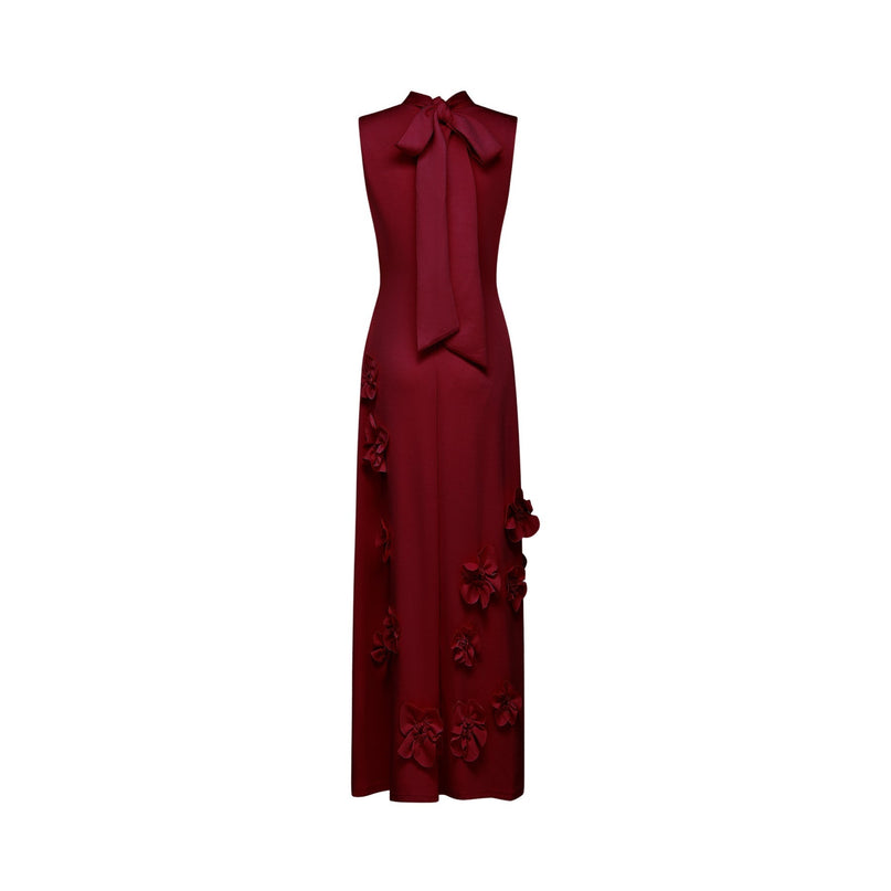 Elisa Red Maxi Dress with Faux-Flower Embellishment and Neck Bow-Tie Design