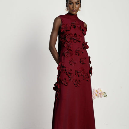 Elisa Red Striking Maxi Dress with Faux-Flower Embellishment and Neck Bow-Tie Design