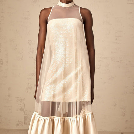 Elisabetta Champagne Sequin Embellished Layered Midi Dress with Tulle Paneling and Flared Hem