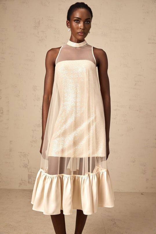 Elisabetta Champagne Sequin Embellished Layered Midi Dress with Tulle Paneling and Flared Hem