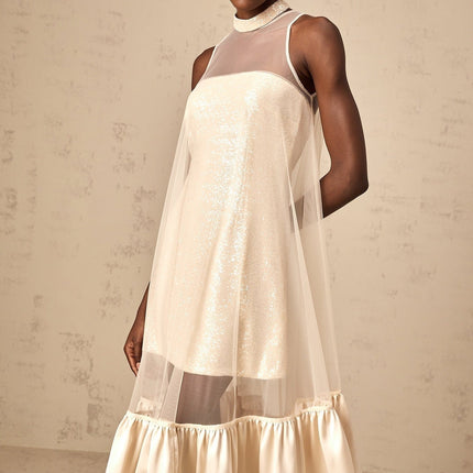 Elisabetta Champagne Sequin Embellished Layered Midi Dress Tulle Panel Flared Hem Sleeveless Calf-Length Zip Fastening Opulent Style