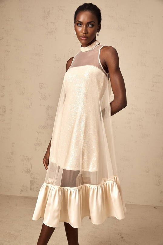 Elisabetta Champagne Sequin Embellished Layered Midi Dress Tulle Panel Flared Hem Sleeveless Calf-Length Zip Fastening Opulent Style