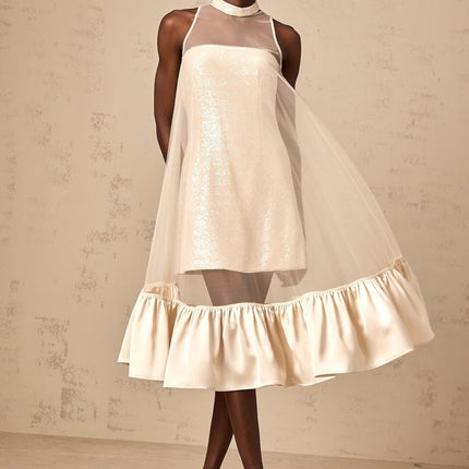 Elisabetta Champagne Sequin Embellished Layered Tulle Midi Dress Flared Hem Sleeveless Calf-Length Opulent Style