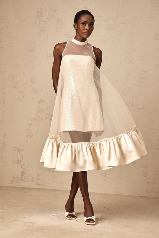 Elisabetta Champagne Sequin Embellished Layered Tulle Midi Dress Flared Hem Sleeveless Calf-Length Opulent Style