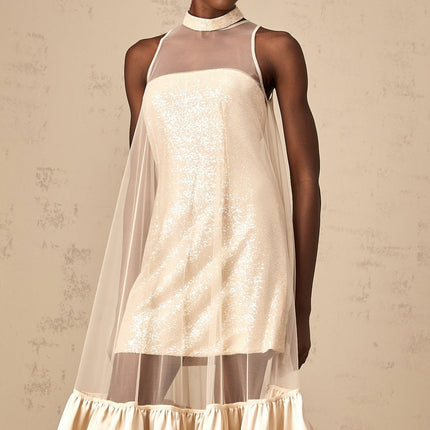 Elisabetta Champagne Sequin Embellished Midi Dress with Tulle Paneling and Flared Hem