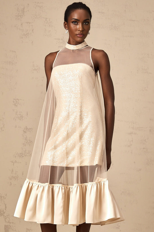 Elisabetta Champagne Sequin Embellished Midi Dress with Tulle Paneling and Flared Hem