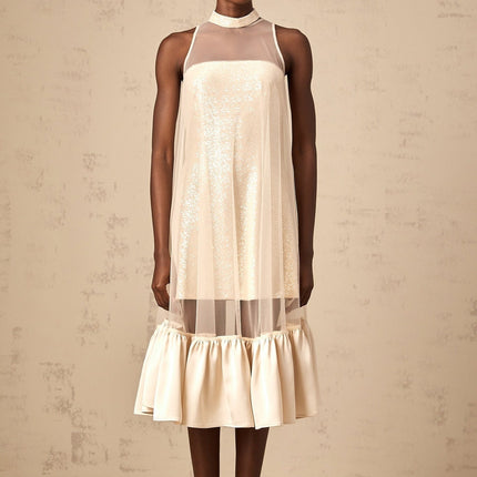 Elisabetta Champagne Sequin Embellished Midi Dress Terylene Fiber Layered Design Flared Hem