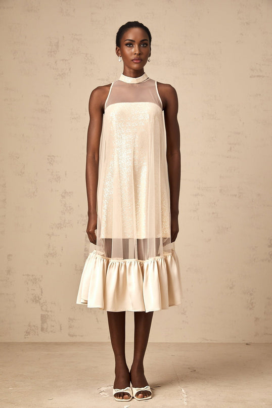 Elisabetta Champagne Sequin Embellished Midi Dress Terylene Fiber Layered Design Flared Hem