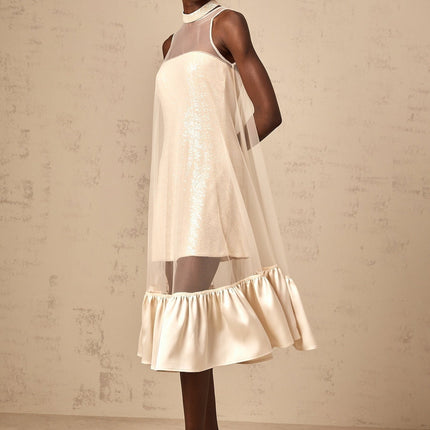 Elisabetta Champagne Sequin Embellished Midi Dress with Tulle Paneling and Flared Hem