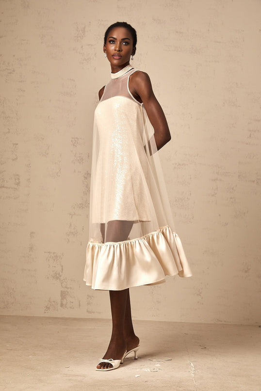 Elisabetta Champagne Sequin Embellished Midi Dress with Tulle Paneling and Flared Hem