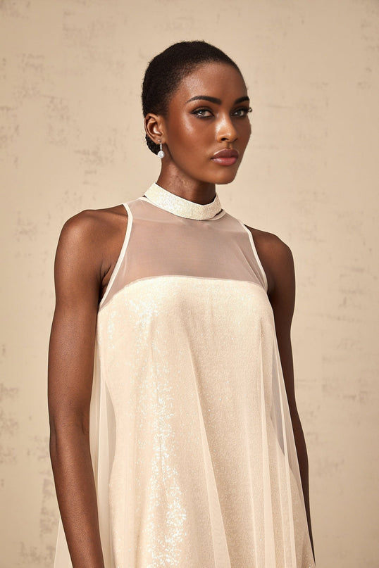 Elisabetta Champagne Sequin Layered Midi Dress Terylene Fiber Flared Hem