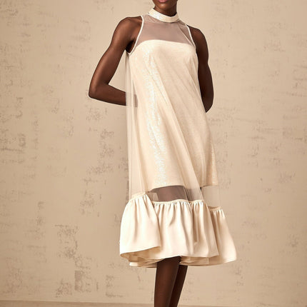 Elisabetta Champagne Sequin Midi Dress with Tulle Paneling and Flared Hem