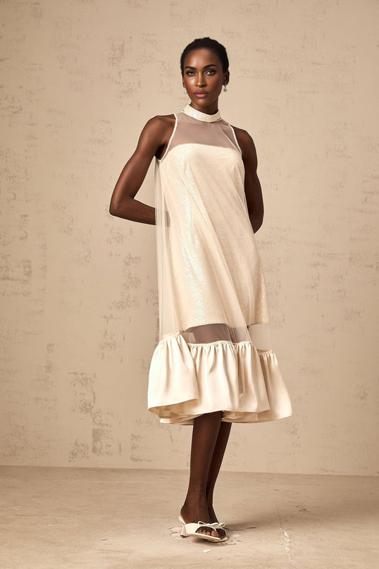 Elisabetta Champagne Sequin Midi Dress with Tulle Paneling and Flared Hem