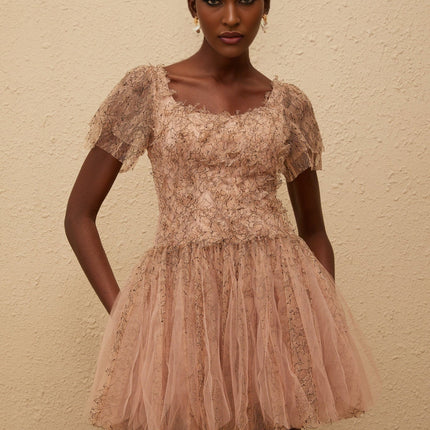 Elisabetta Mini Dress in Brown with Floral Lace Overlay and Tulle Panelling, Scoop Neck and Bubble Skirt