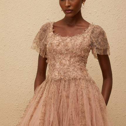 Elisabetta Mini Dress in Brown floral lace overlay tulle panelling scoop neck short sleeves fitted waistline bubble skirt rear zip fastening thigh-length Terylene fiber luxury charm