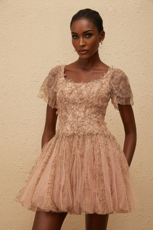 Elisabetta Mini Dress in Brown floral lace overlay tulle panelling scoop neck short sleeves fitted waistline bubble skirt rear zip fastening thigh-length Terylene fiber luxury charm