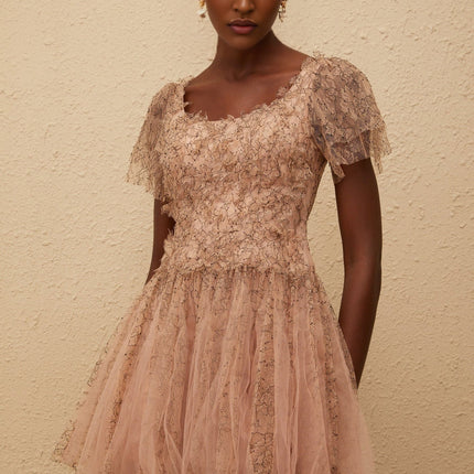 Elisabetta Mini Dress in Brown floral lace overlay tulle panelling scoop neck short sleeves fitted waistline bubble skirt rear zip fastening thigh-length Terylene fiber luxury charm