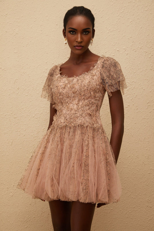 Elisabetta Mini Dress in Brown floral lace overlay tulle panelling scoop neck short sleeves fitted waistline bubble skirt rear zip fastening thigh-length Terylene fiber luxury charm