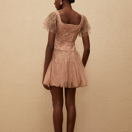 Elisabetta Mini Dress in Brown floral lace overlay tulle panelling scoop neck short sleeves fitted waistline bubble skirt rear zip fastening thigh-length Terylene fiber luxury charm