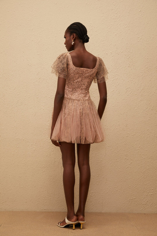 Elisabetta Mini Dress in Brown floral lace overlay tulle panelling scoop neck short sleeves fitted waistline bubble skirt rear zip fastening thigh-length Terylene fiber luxury charm