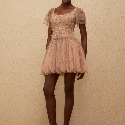 Elisabetta Mini Dress in Brown floral lace overlay tulle panelling scoop neck short sleeves fitted waistline bubble skirt rear zip fastening thigh-length Terylene fiber luxury charm