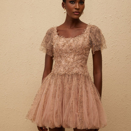 Elisabetta Mini Dress in Brown floral lace tulle scoop neck short sleeves fitted waistline bubble skirt rear zip fastening thigh-length Terylene fiber luxury charm