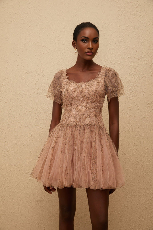 Elisabetta Mini Dress in Brown floral lace tulle scoop neck short sleeves fitted waistline bubble skirt rear zip fastening thigh-length Terylene fiber luxury charm