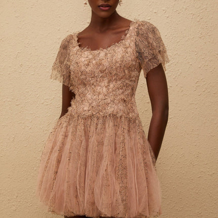 Elisabetta Mini Dress in Brown floral lace overlay tulle panelling scoop neck short sleeves fitted waistline bubble skirt rear zip fastening thigh-length luxurious Terylene fiber