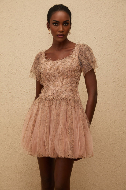 Elisabetta Mini Dress in Brown floral lace overlay tulle panelling scoop neck short sleeves fitted waistline bubble skirt rear zip fastening thigh-length luxurious Terylene fiber
