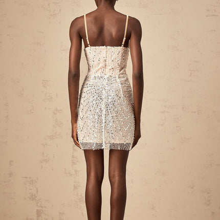 Elisabetta Silver Butterfly Bead Sequin Mini Dress V-Neck Spaghetti Straps Open Back 5'10 Model Size M Rear Zip Fastening Terylene Spandex