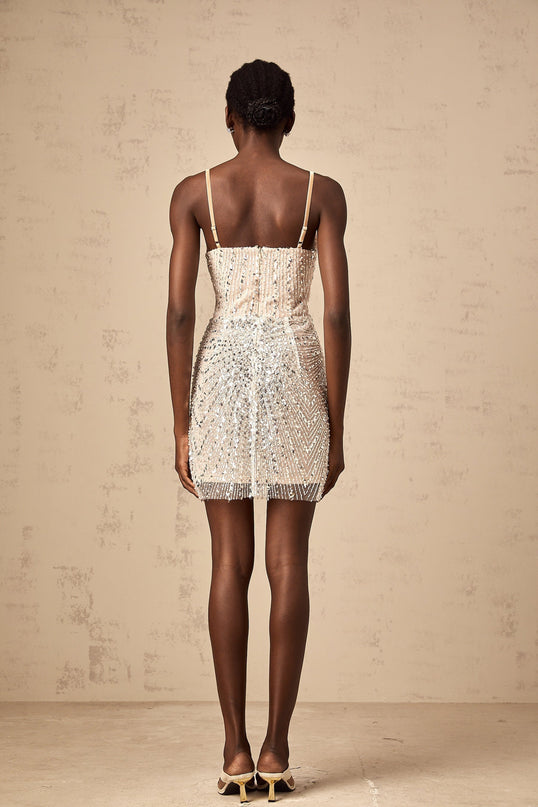 Elisabetta Silver Butterfly Bead Sequin Mini Dress V-Neck Spaghetti Straps Open Back 5'10 Model Size M Rear Zip Fastening Terylene Spandex