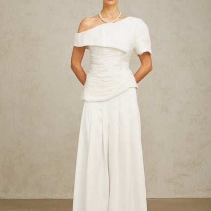 Elisabetta White One Shoulder Matching Set Top Trousers Smocked Culotte Pleat Detailing