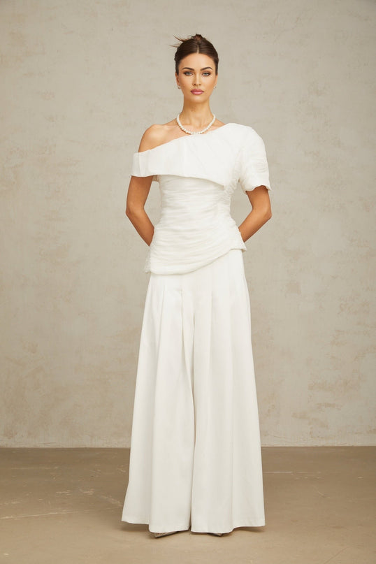Elisabetta White One Shoulder Matching Set Top Trousers Smocked Culotte Pleat Detailing