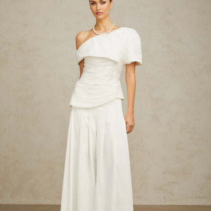 Elisabetta White One Shoulder Matching Set Top Trousers Smocked Culotte Design