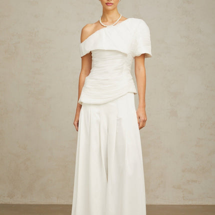 Elisabetta White One Shoulder Matching Set Top Trousers Smocked Culotte Pleat Detailing