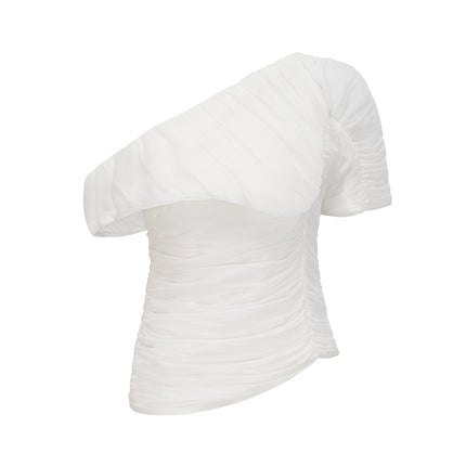 Elisabetta White One Shoulder Matching Set Top Trousers