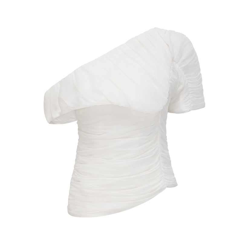 Elisabetta White One Shoulder Matching Set Top Trousers