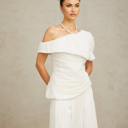 Elisabetta White One Shoulder Matching Set Top Trousers Smocked Design Culotte Pleat Detailing Luxurious Terylene Fiber