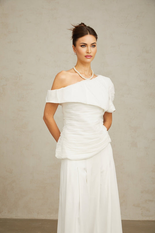 Elisabetta White One Shoulder Matching Set Top Trousers Smocked Design Culotte Pleat Detailing Luxurious Terylene Fiber