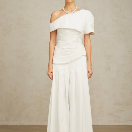 Elisabetta White Smocked One Shoulder Top and Culotte Trousers Matching Set