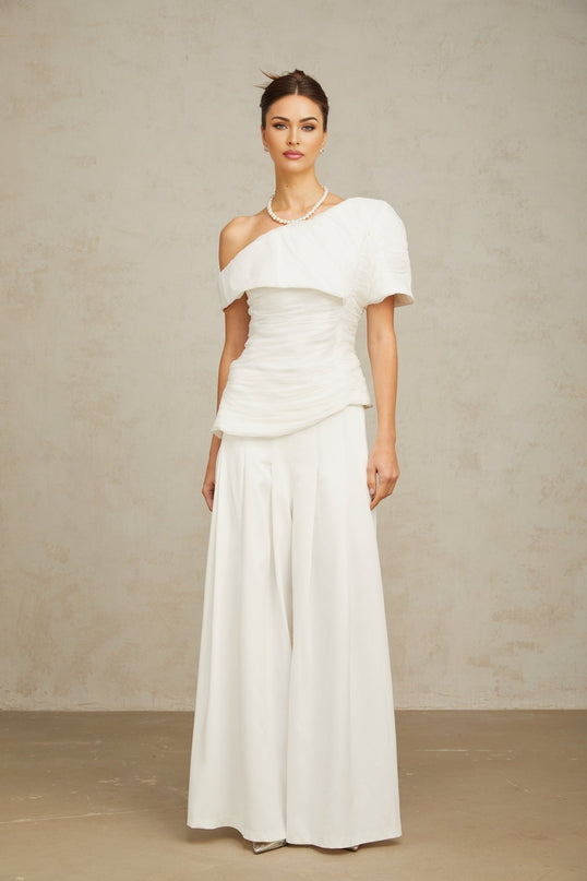 Elisabetta White Smocked One Shoulder Top and Culotte Trousers Set