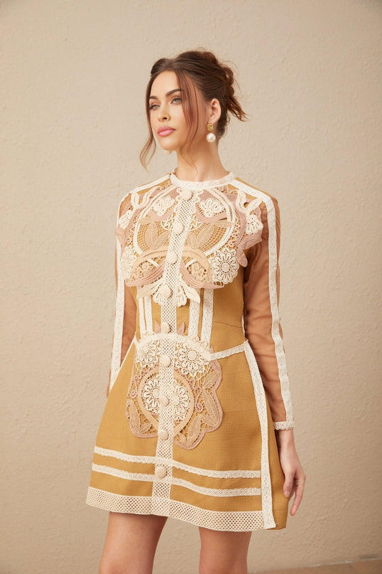 Elisabetta Yellow Lace Cut Out Peplum Dress