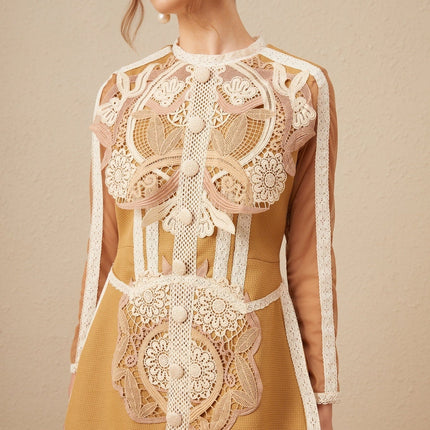Elisabetta Yellow Lace Cut Out Peplum Dress