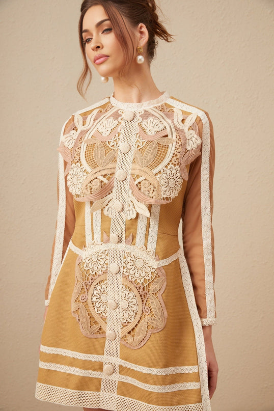 Elisabetta Yellow Lace Cut Out Peplum Dress