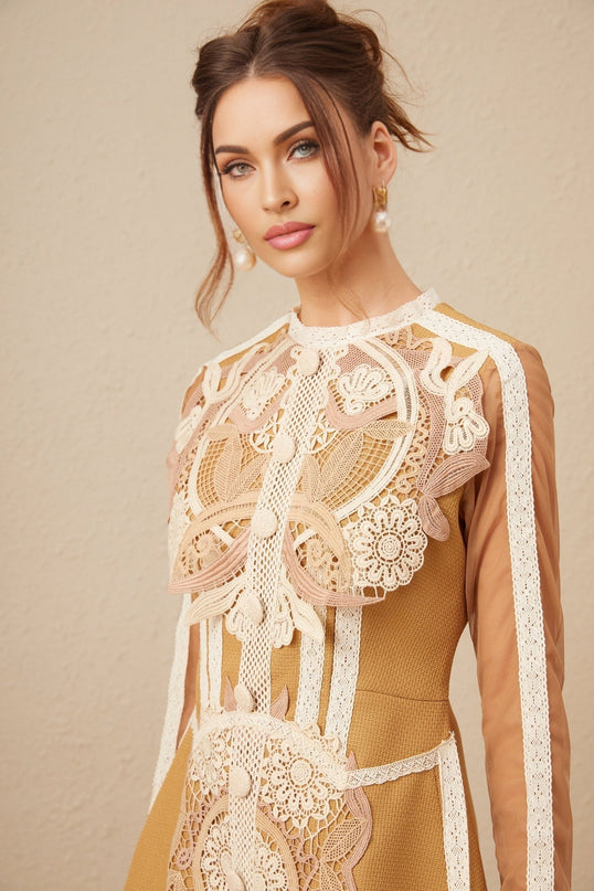 Elisabetta Yellow Lace Cut Out Peplum Hem Mini Dress