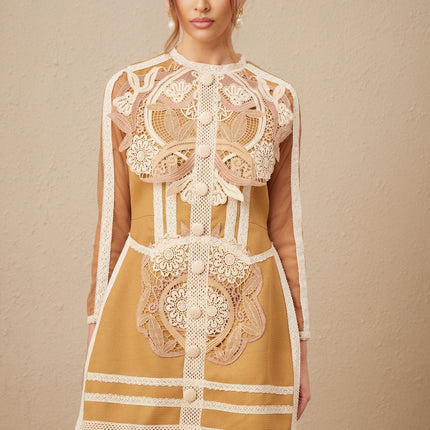 Elisabetta Yellow Lace Cut Out Peplum Hem Mini Dress