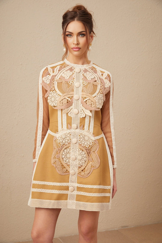 Elisabetta Yellow Lace Cut Out Peplum Hem Mini Dress